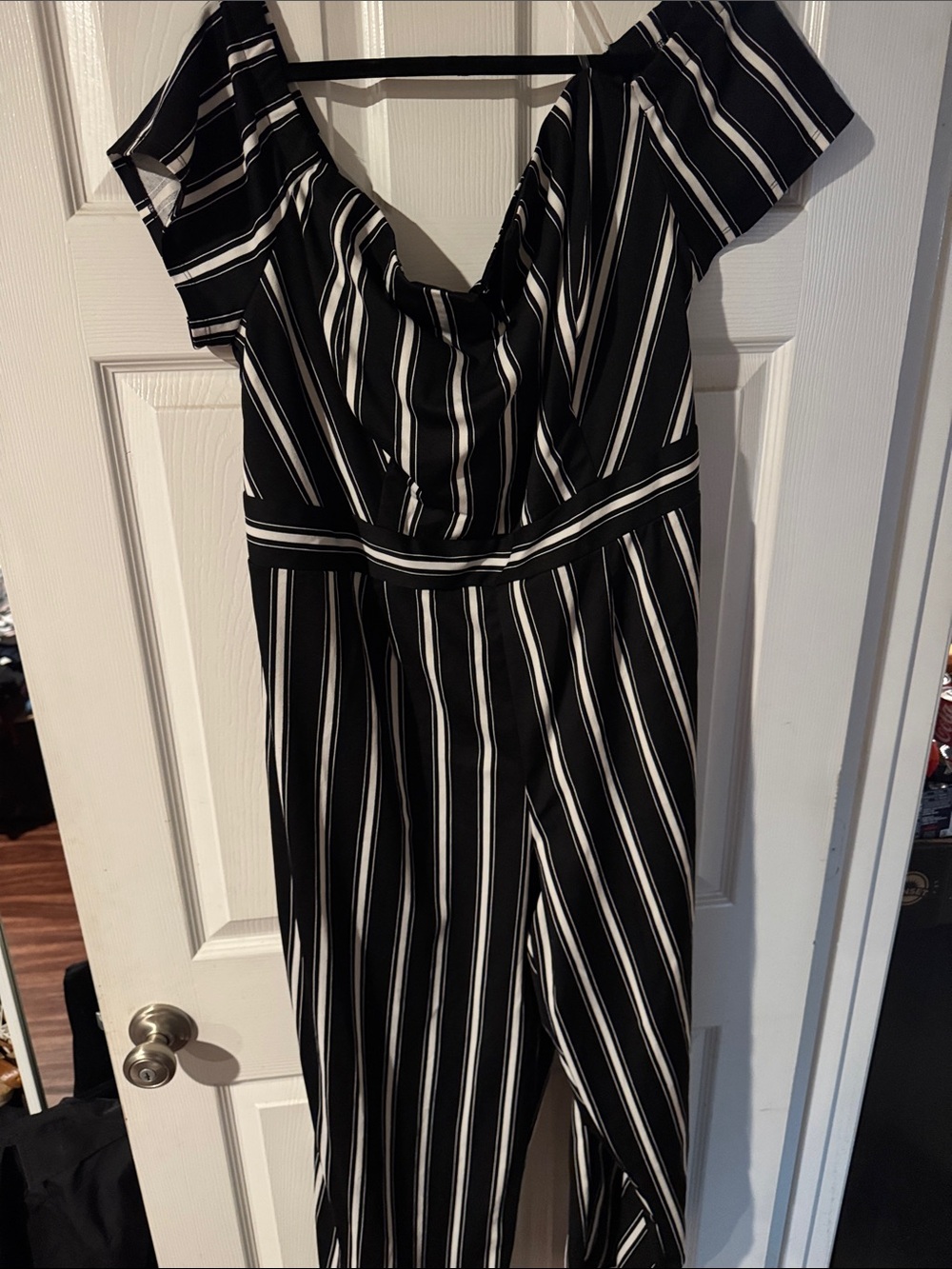 Teeze Me Black & White One-Shoulder Striped Jumpsuit